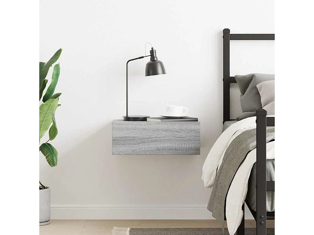 Mesita de noche | Mesilla de noche flotante madera contrachapada gris 40x30x15cm
