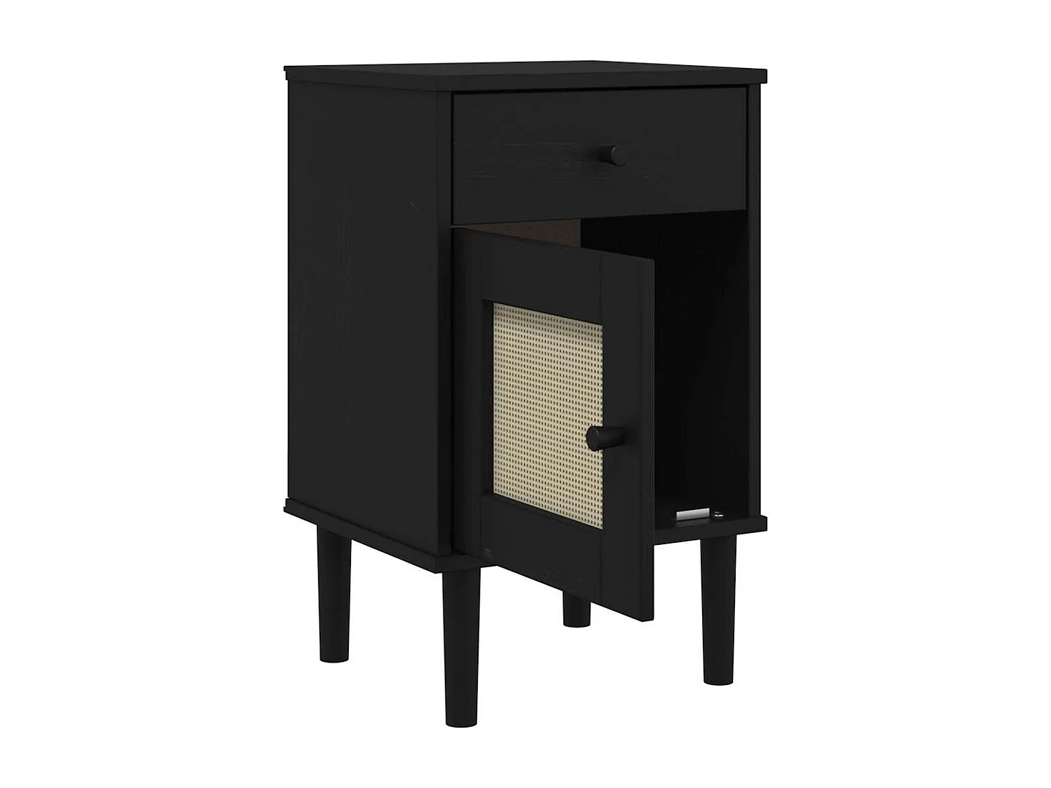 Nachttisch-Beistelltisch SENJA Rattan-Look Schwarz 40x35x65 Massivholz Kiefer SHL52046