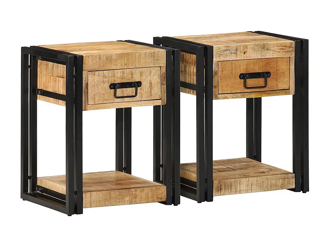 Nachttisch 2er Set-Beistelltisch 40x35x50 cm Raues Massivholz Mango SHL17448
