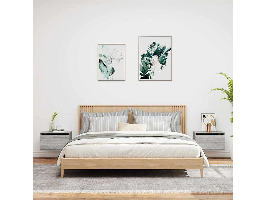 Mesitas de noche | Mesilla de noche de pared con luces LED 2 unidades gris Sonoma