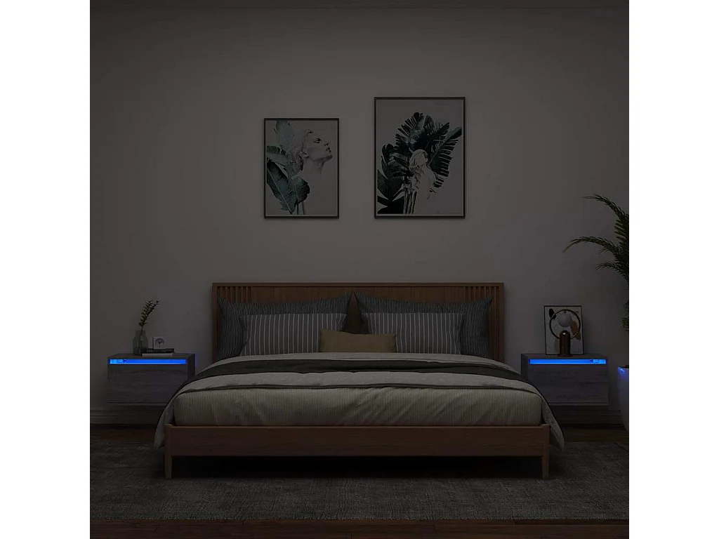 Mesitas de noche | Mesilla de noche de pared con luces LED 2 unidades gris Sonoma