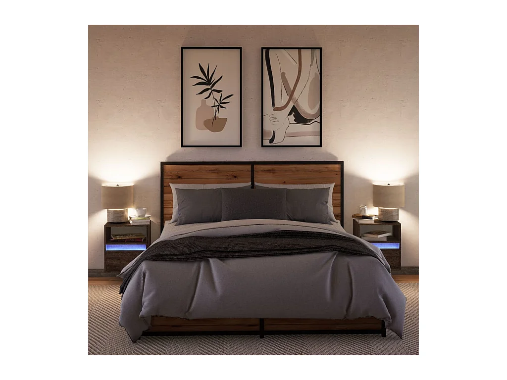 Mesitas de noche | Mesilla de noche de pared con luces LED 2 unidades roble marrón