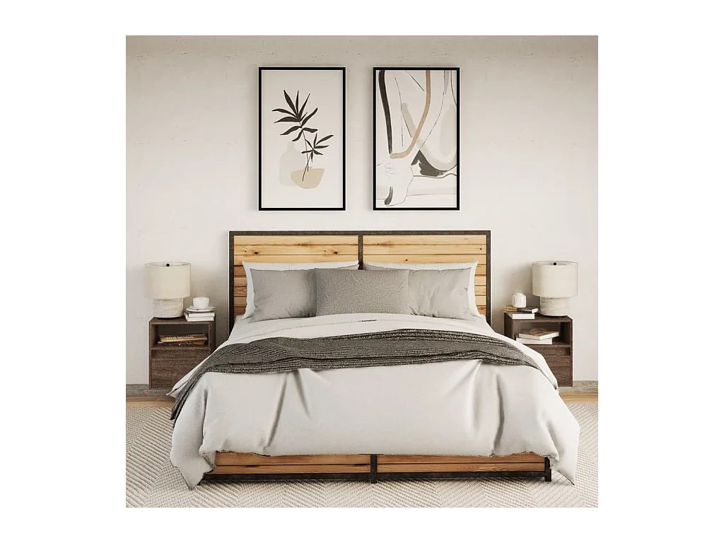 Mesitas de noche | Mesilla de noche de pared con luces LED 2 unidades roble marrón