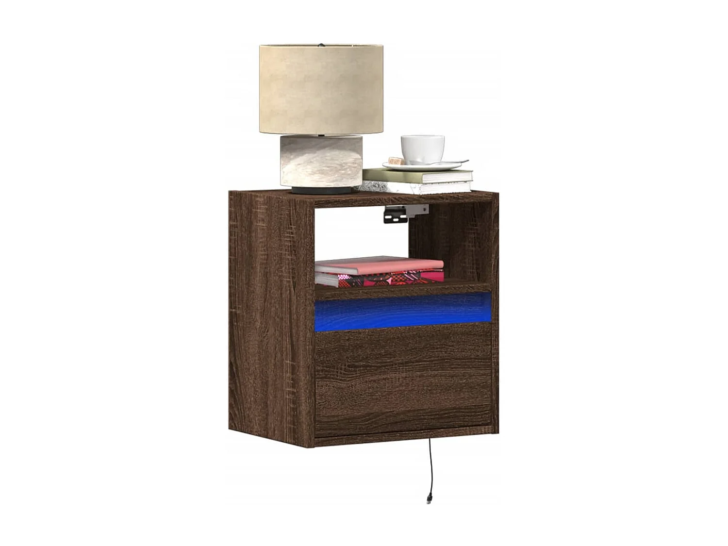 Nachttisch hängend 2er Set mit LED-Leuchten | Wand-Nachttische Braun Eichen-Optik SHL50870