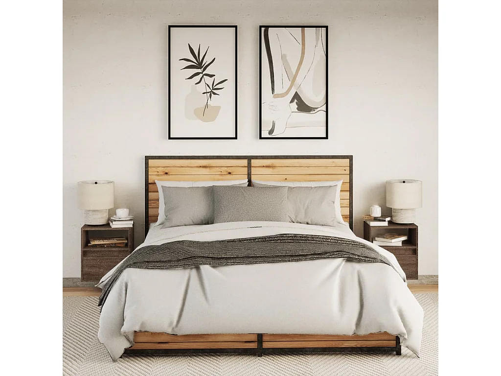 Nachttisch hängend 2er Set mit LED-Leuchten | Wand-Nachttische Braun Eichen-Optik SHL50870