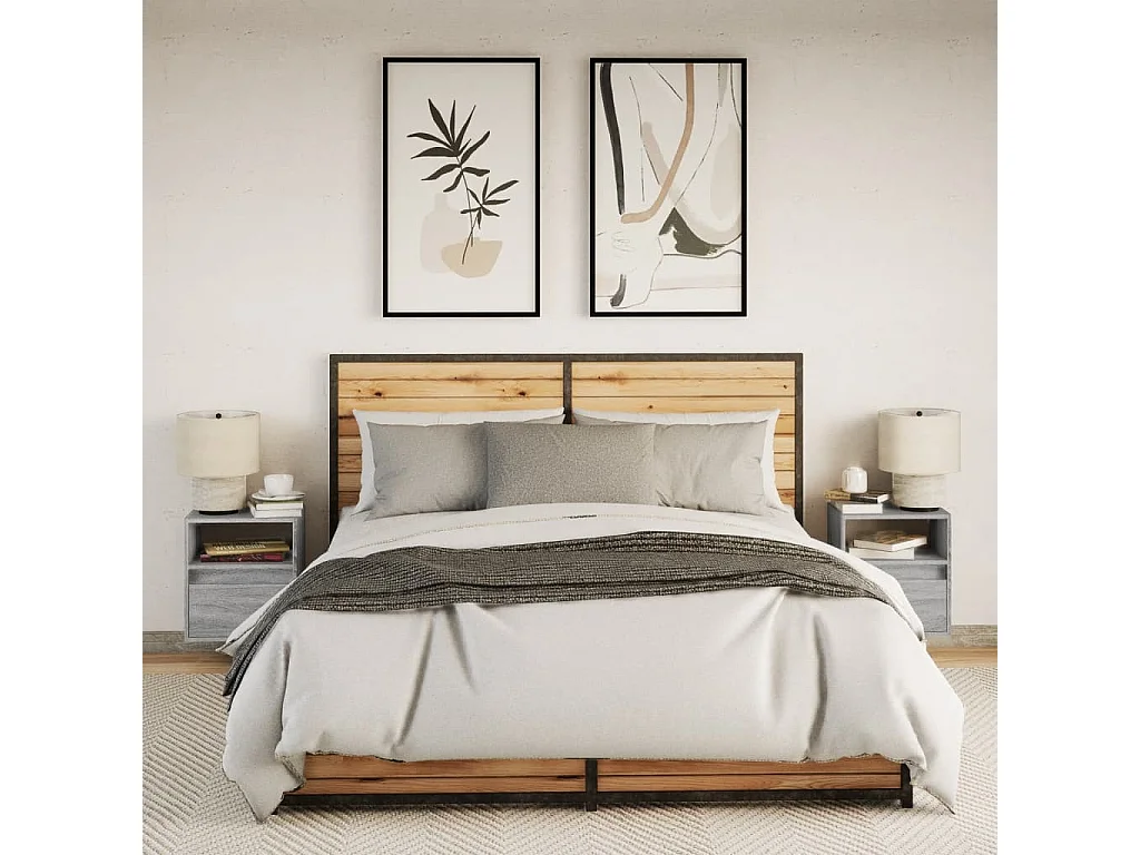 Nachttisch hängend 2er Set mit LED-Leuchten | Wand-Nachttische Grau Sonoma SHL74881