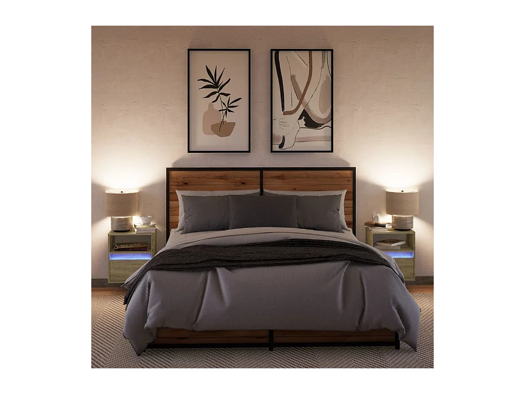 Mesitas de noche | Mesilla de noche de pared con luces LED 2 unidades roble Sonoma