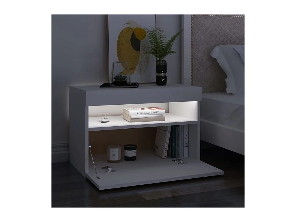 Mesita de noche | Mesilla de noche con luces LED contrachapada blanco 60x35x40 cm