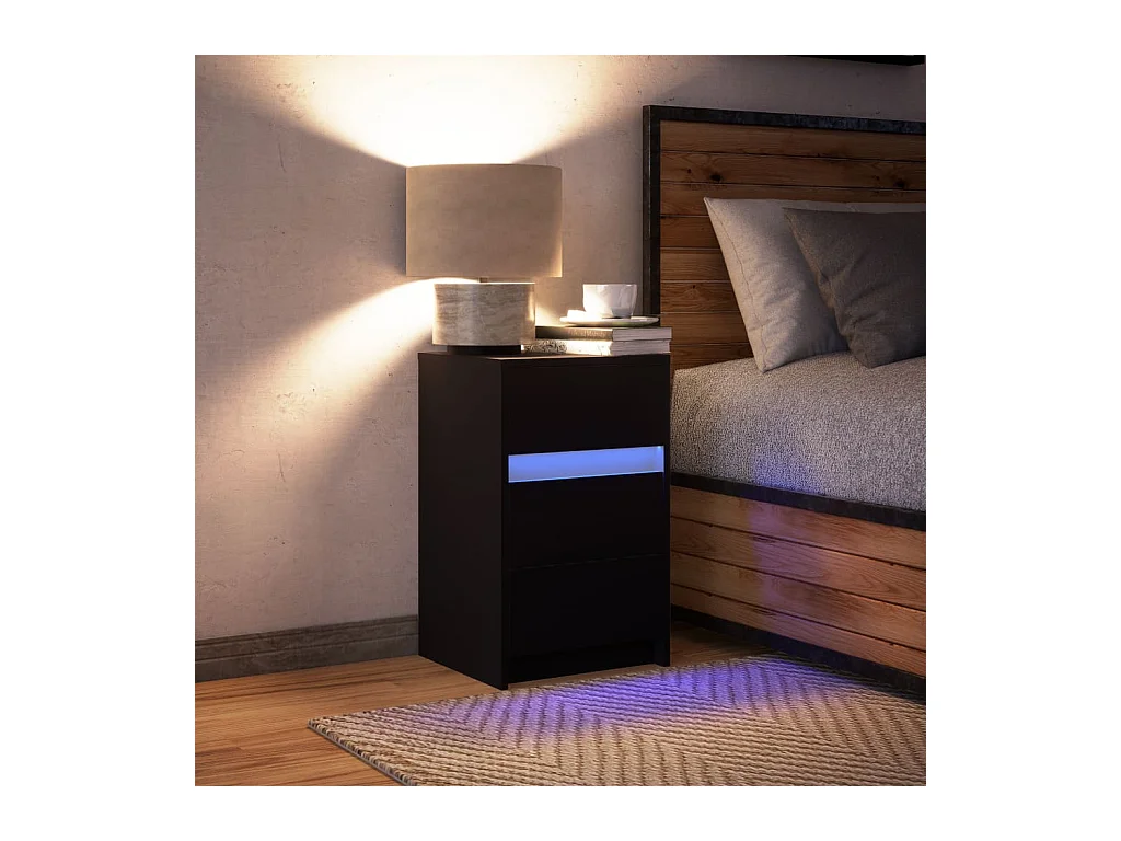 Mesita de noche | Mesilla de noche con luces LED madera de ingeniería negra