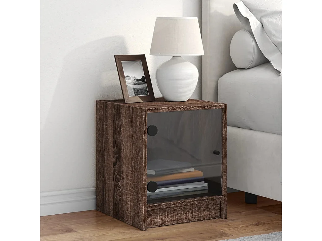 Nachttisch-Beistelltisch mit Glastür Braun Eichen-Optik 35x37x42 cm SHL49089
