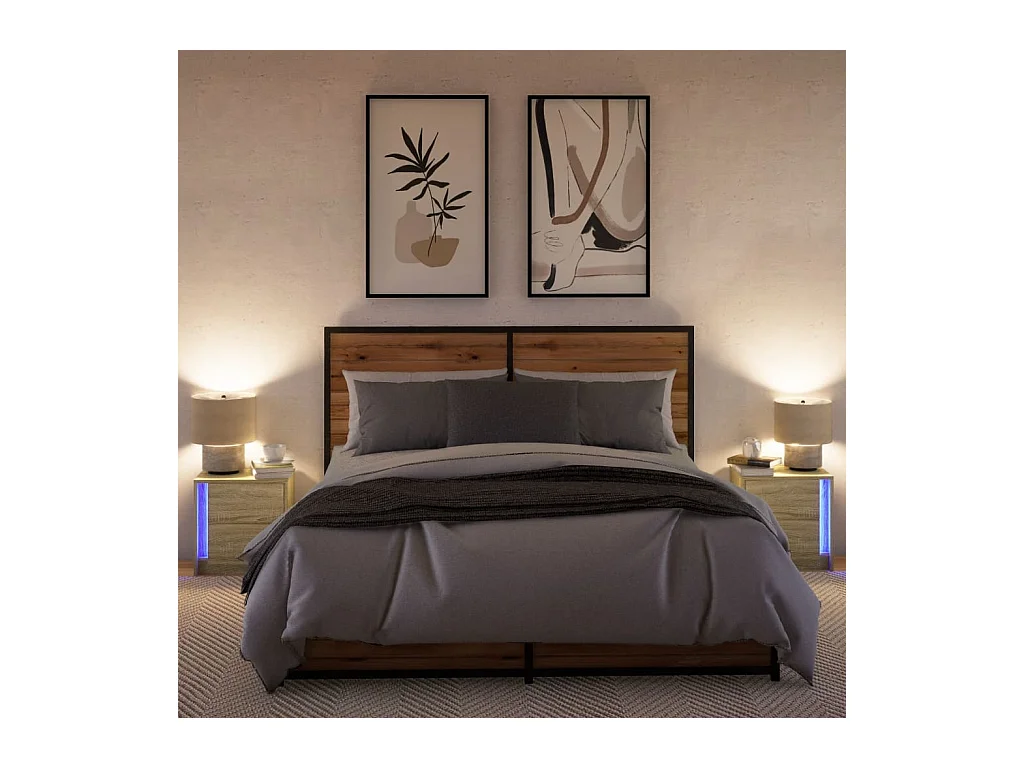 Mesitas de noche | Mesilla de noche luces LED 2 uds madera ingeniería roble Sonoma