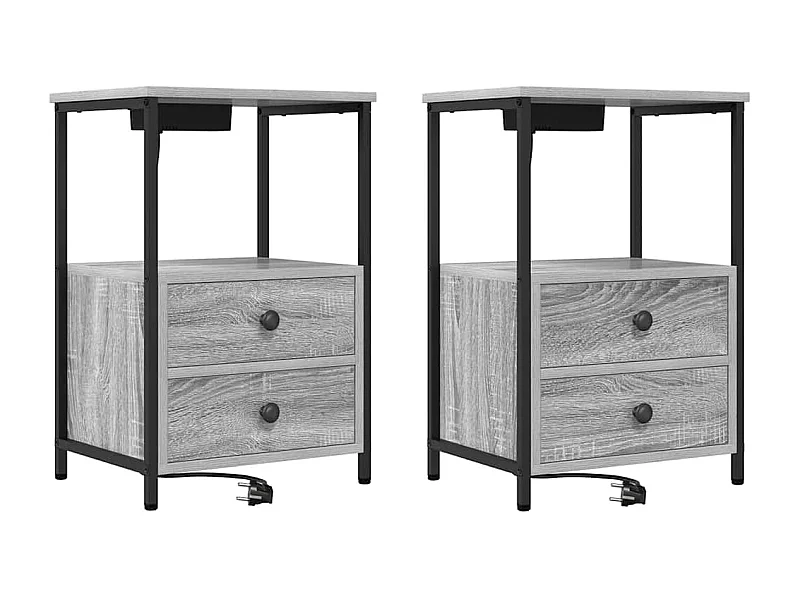 Mesita de Noche | Mesa auxiliar con Estación de Carga 2 uds. Gris sonoma