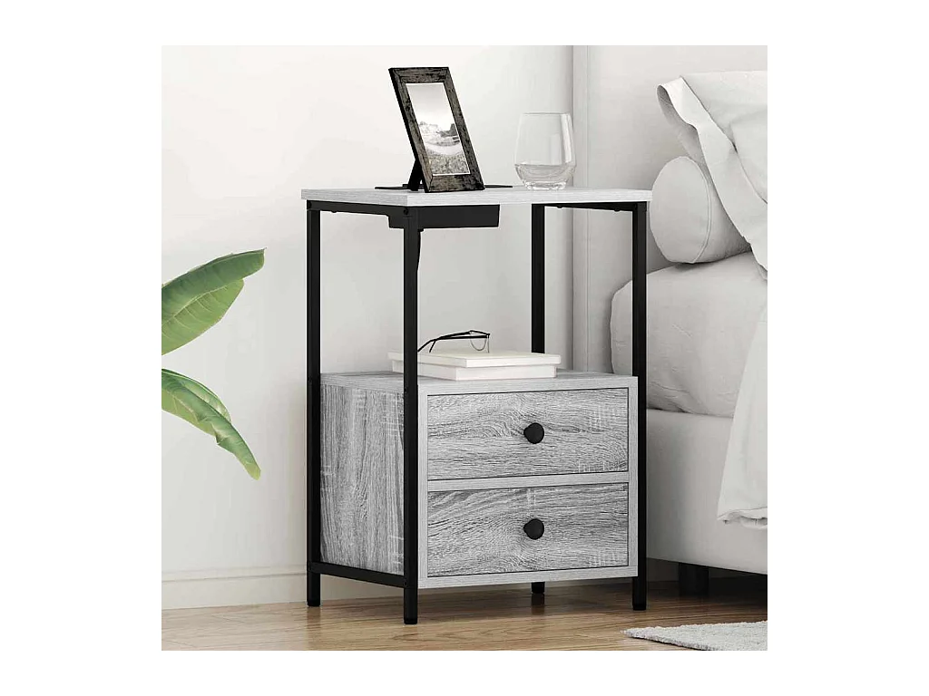 Mesita de Noche | Mesa auxiliar con Estación de Carga 2 uds. Gris sonoma