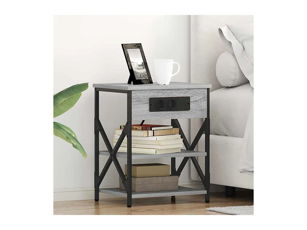 Mesita de Noche | Mesa auxiliar con Estación de Carga con estante Gris sonoma