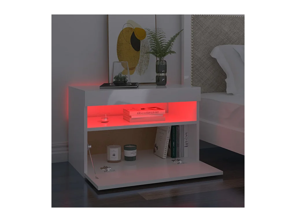 Mesitas de noche | Mesilla de noche LED 2 uds contrachapada blanco brillo 60x35x40 cm