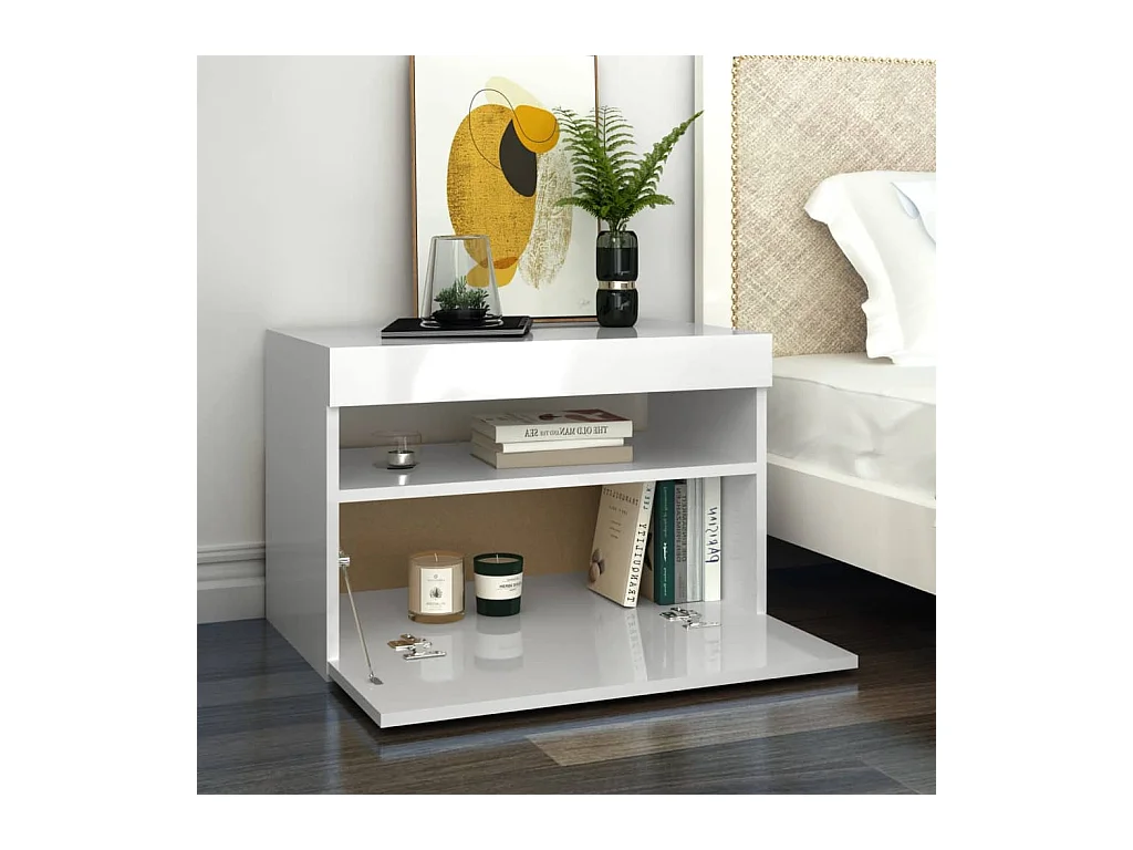 Mesitas de noche | Mesilla de noche LED 2 uds contrachapada blanco brillo 60x35x40 cm
