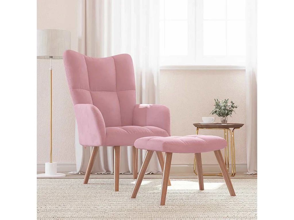Relaxsessel mit Hocker | Lounge Sessel indoor Rosa Samt SHL52089