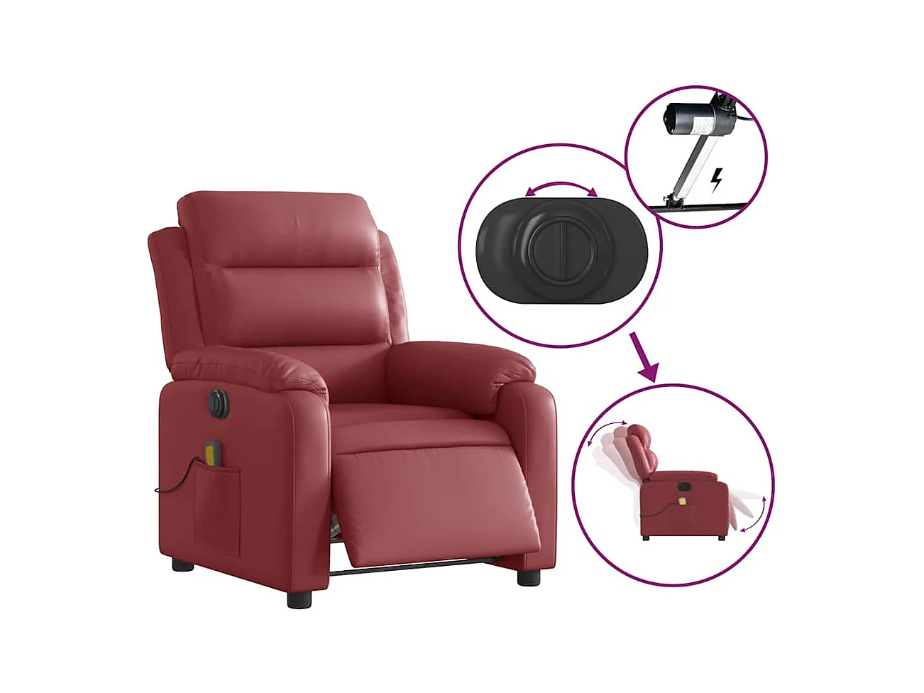 Poltrona massagens reclin. elétrica couro artif. vermelho-tinto SHL784007