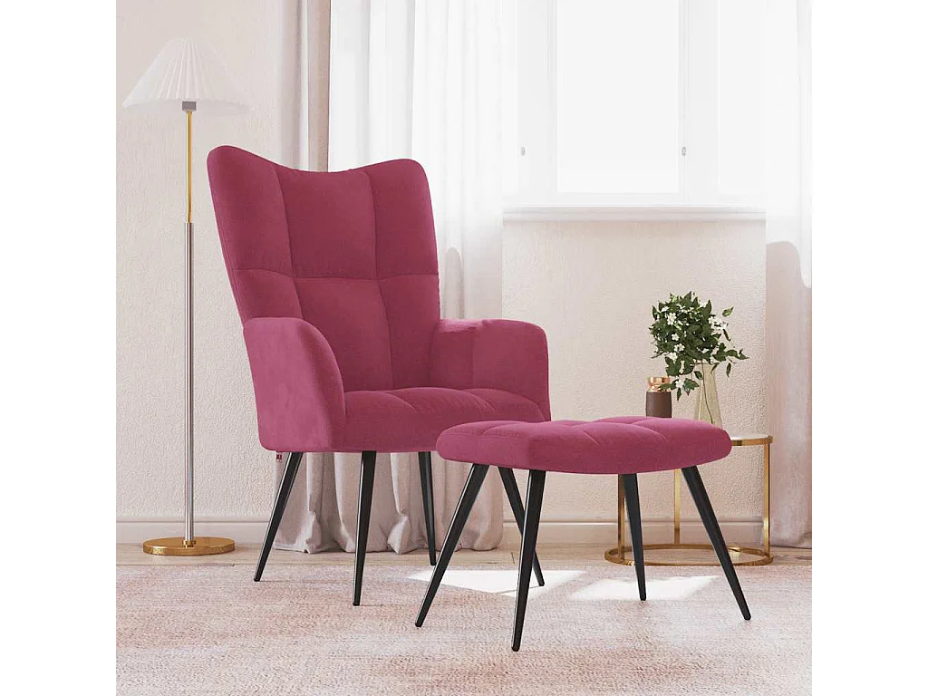 Relaxsessel mit Hocker | Lounge Sessel Weinrot Samt SHL93307