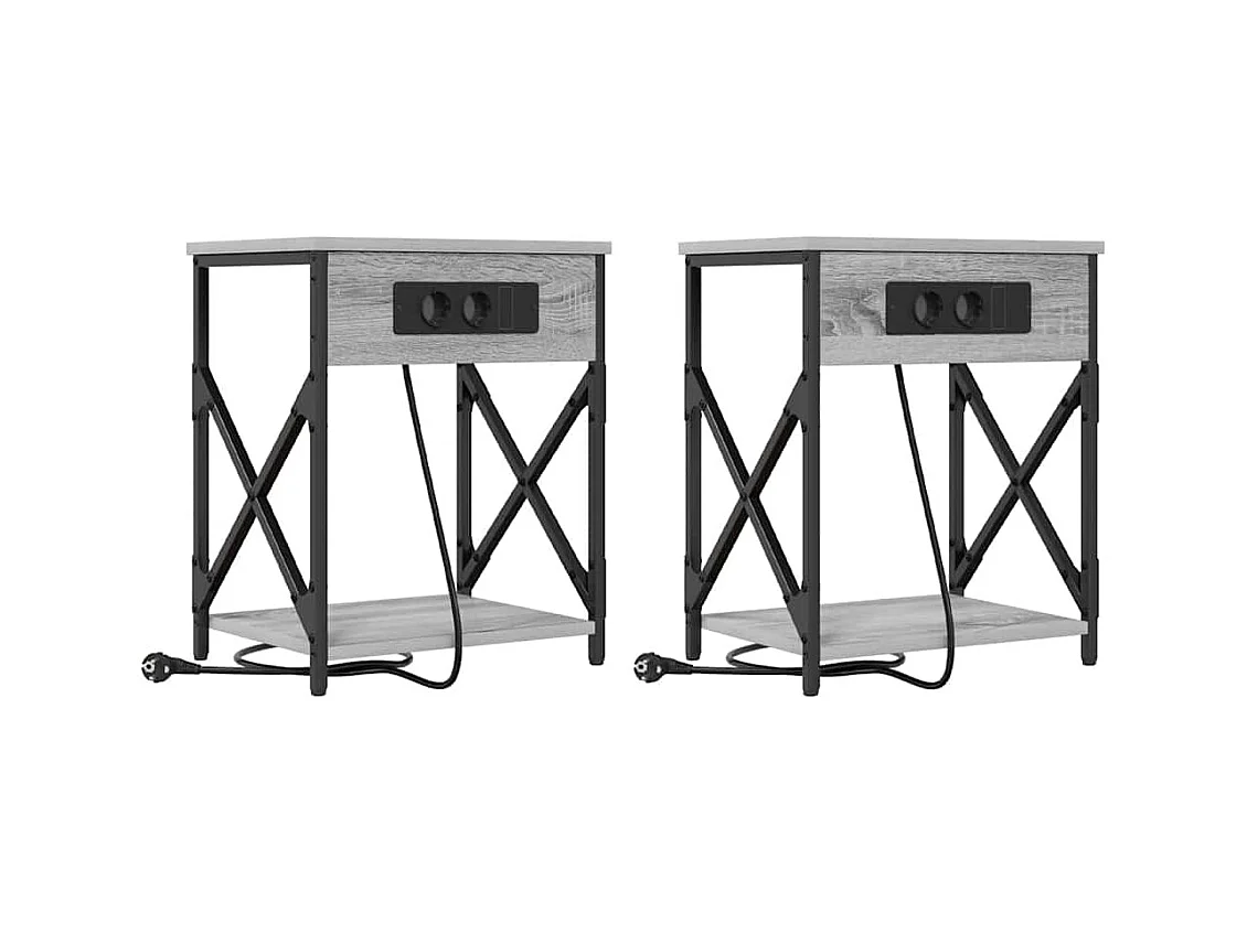 Mesita de Noche | Mesa auxiliar con Estación de Carga 2 uds. Gris sonoma