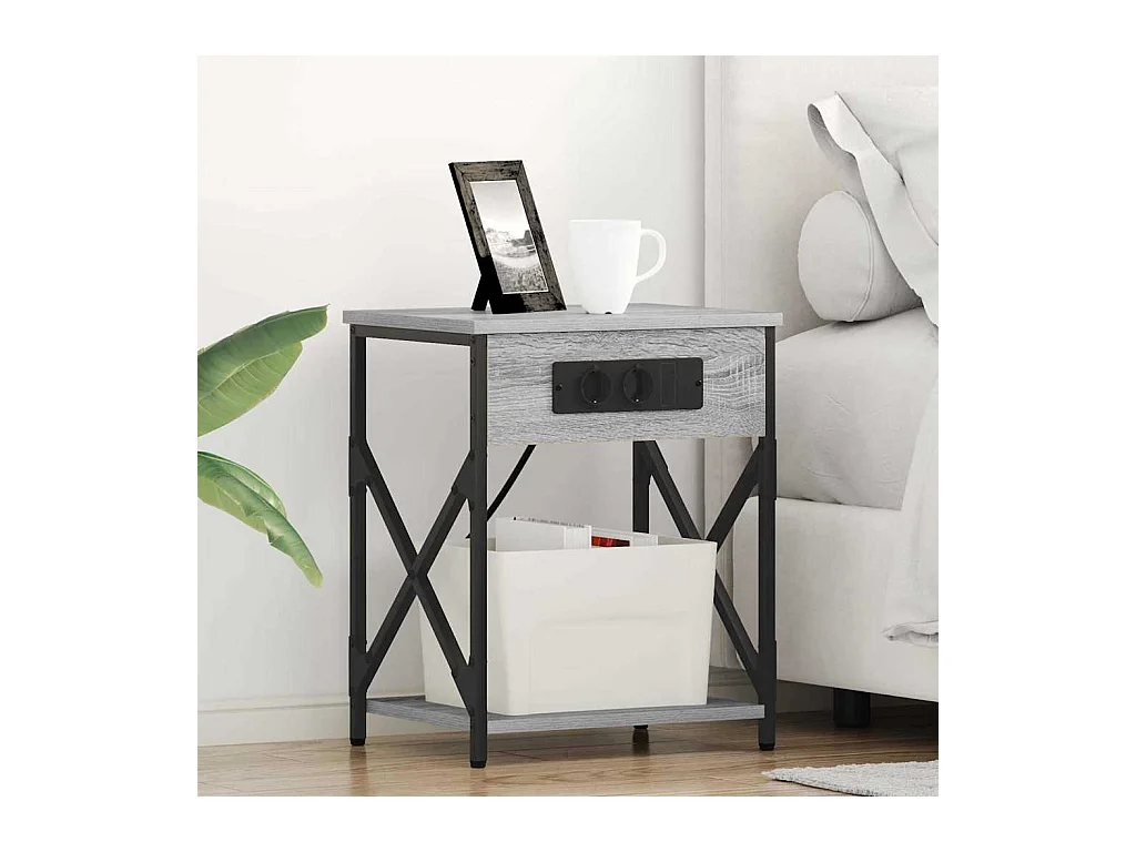 Mesita de Noche | Mesa auxiliar con Estación de Carga 2 uds. Gris sonoma