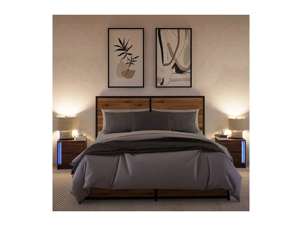 Mesitas de noche | Mesilla de noche luces LED 2 uds madera ingeniería roble marrón