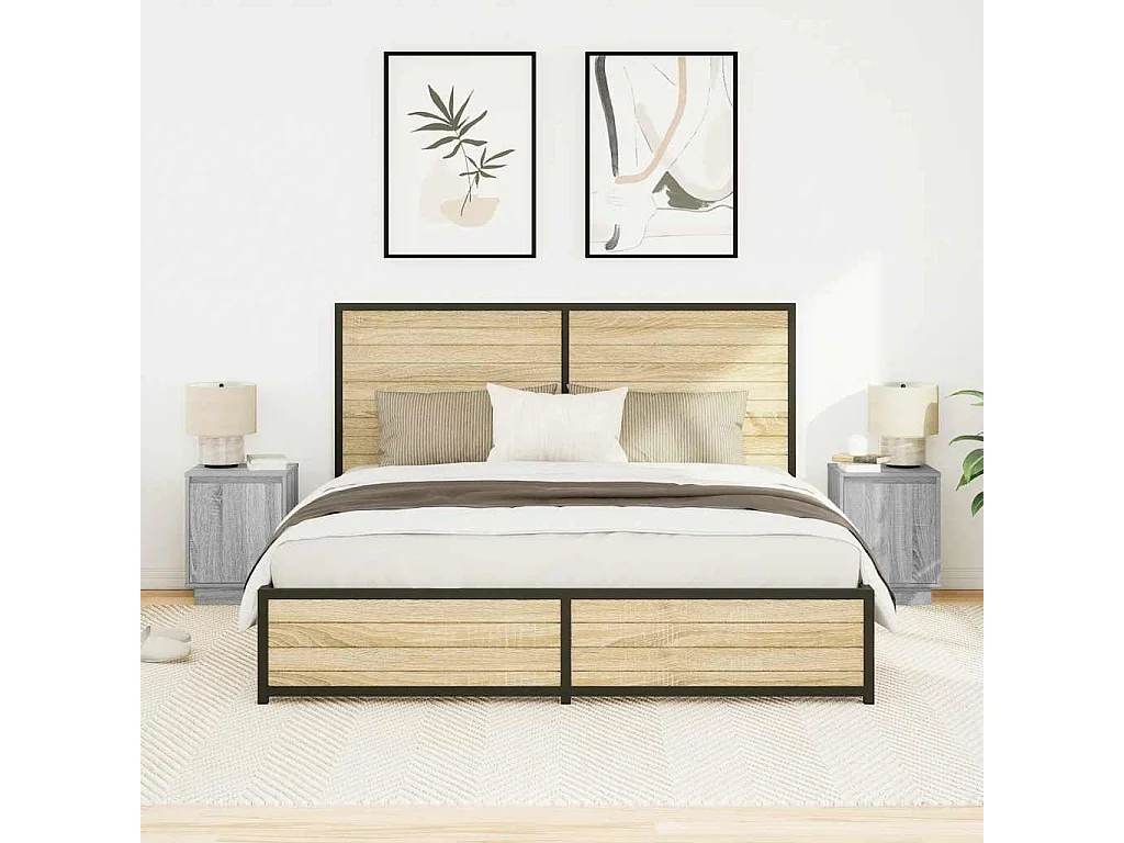 Nachttische mit LED-Leuchten 2er Set | Beistelltisch Grau Sonoma 38x34x50 cm SHL82191