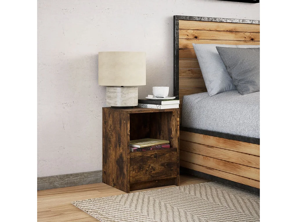 Mesita de noche | Mesilla de noche con luces LED madera ingeniería roble ahumado