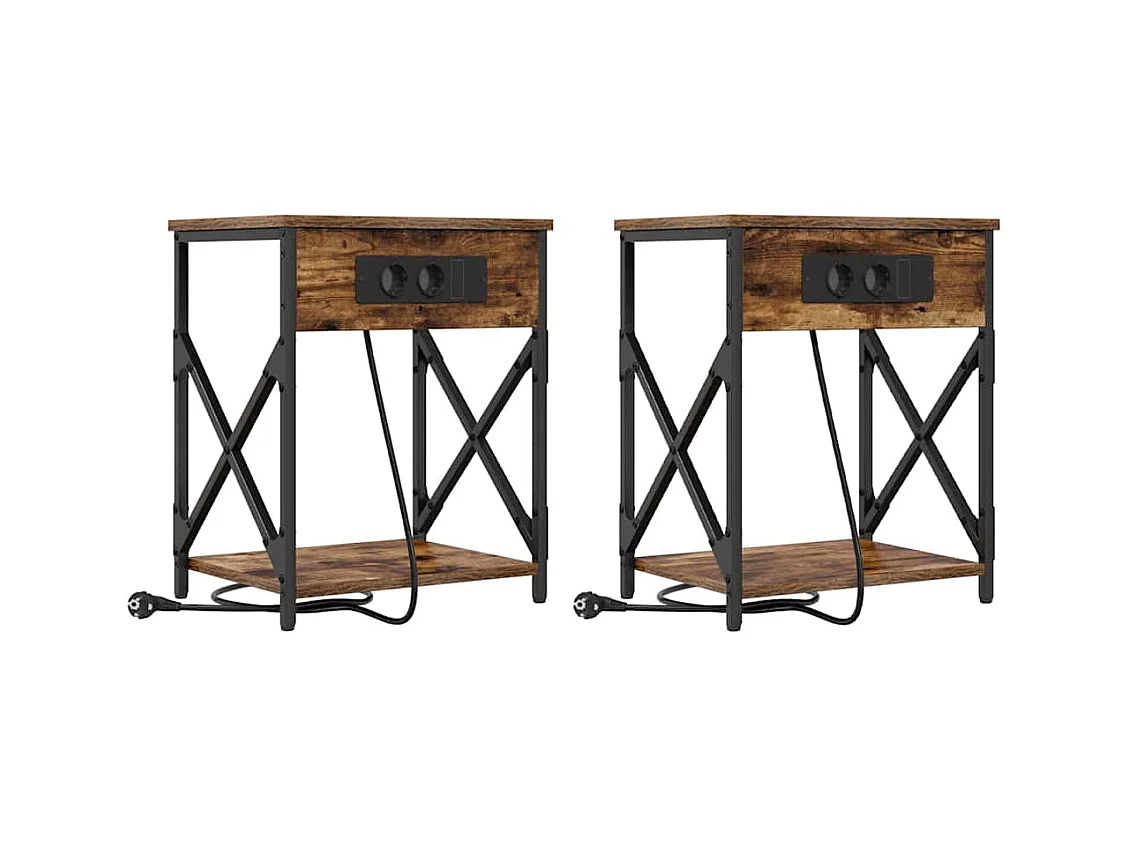 Mesita de Noche | Mesa auxiliar con Estación de Carga 2 uds. Roble ahumado