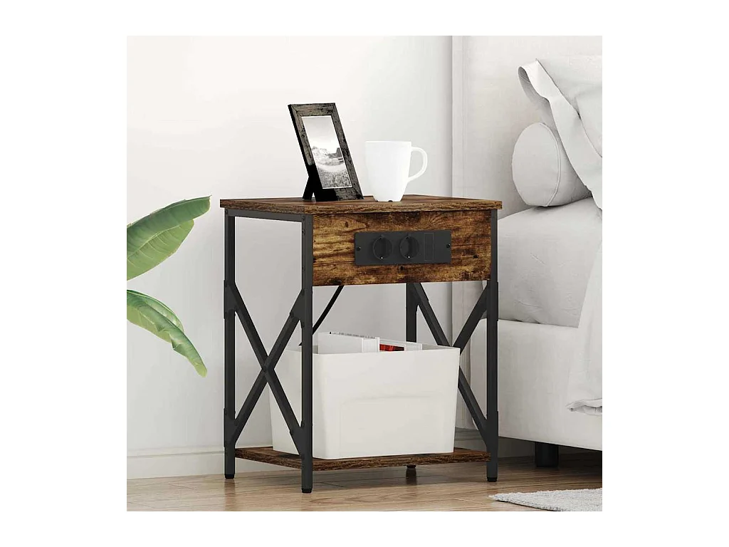 Mesita de Noche | Mesa auxiliar con Estación de Carga 2 uds. Roble ahumado