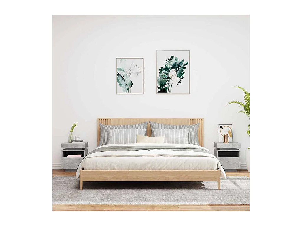 Pack 2 uds Mesitas de noche | Mesilla de noche con luces LED gris hormigón 40x39x48,5cm