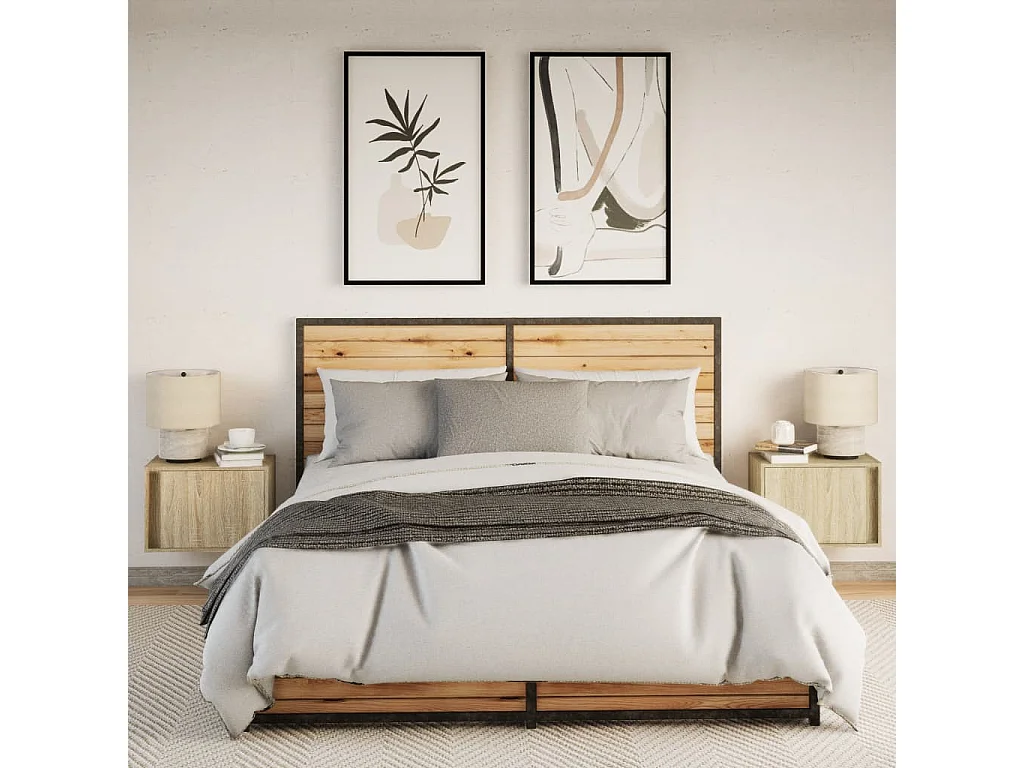 Mesitas de noche | Mesilla de noche de pared con luces LED 2 unidades roble Sonoma