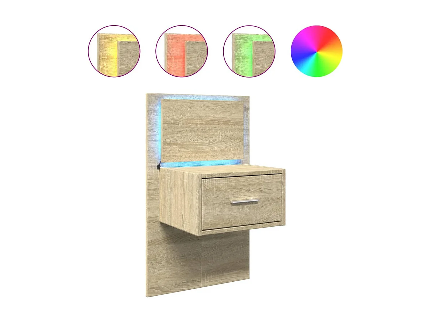 Mesita de noche | Mesilla de noche de pared con luces LED roble Sonoma