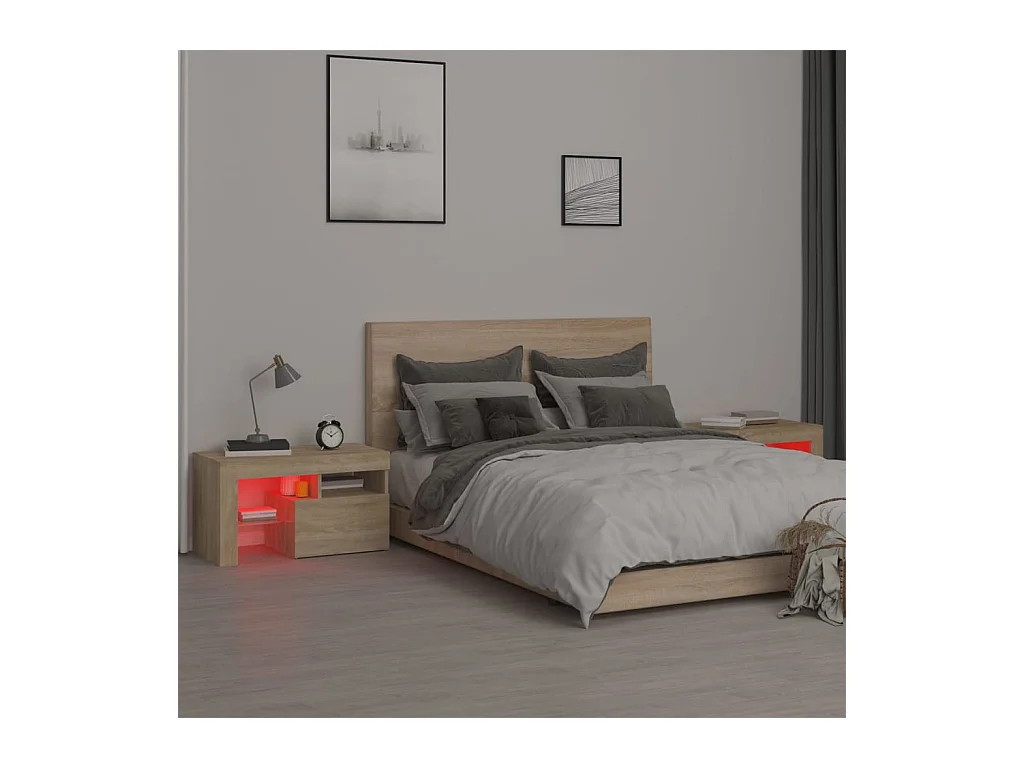 Mesitas de noche | Mesilla de noche con luces LED 2 uds roble Sonoma 70x36,5x40cm