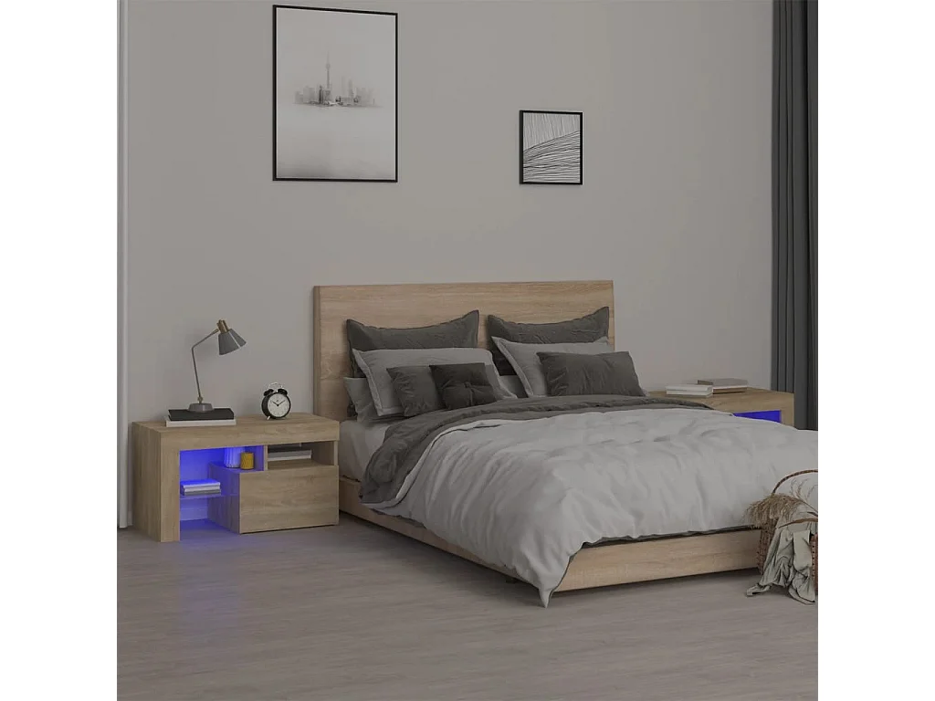 Nachttisch 2er Set-Beistelltisch-Nachttischkommode mit LED-Leuchten Sonoma-Eiche 70x36,5x40 cm SHL40115