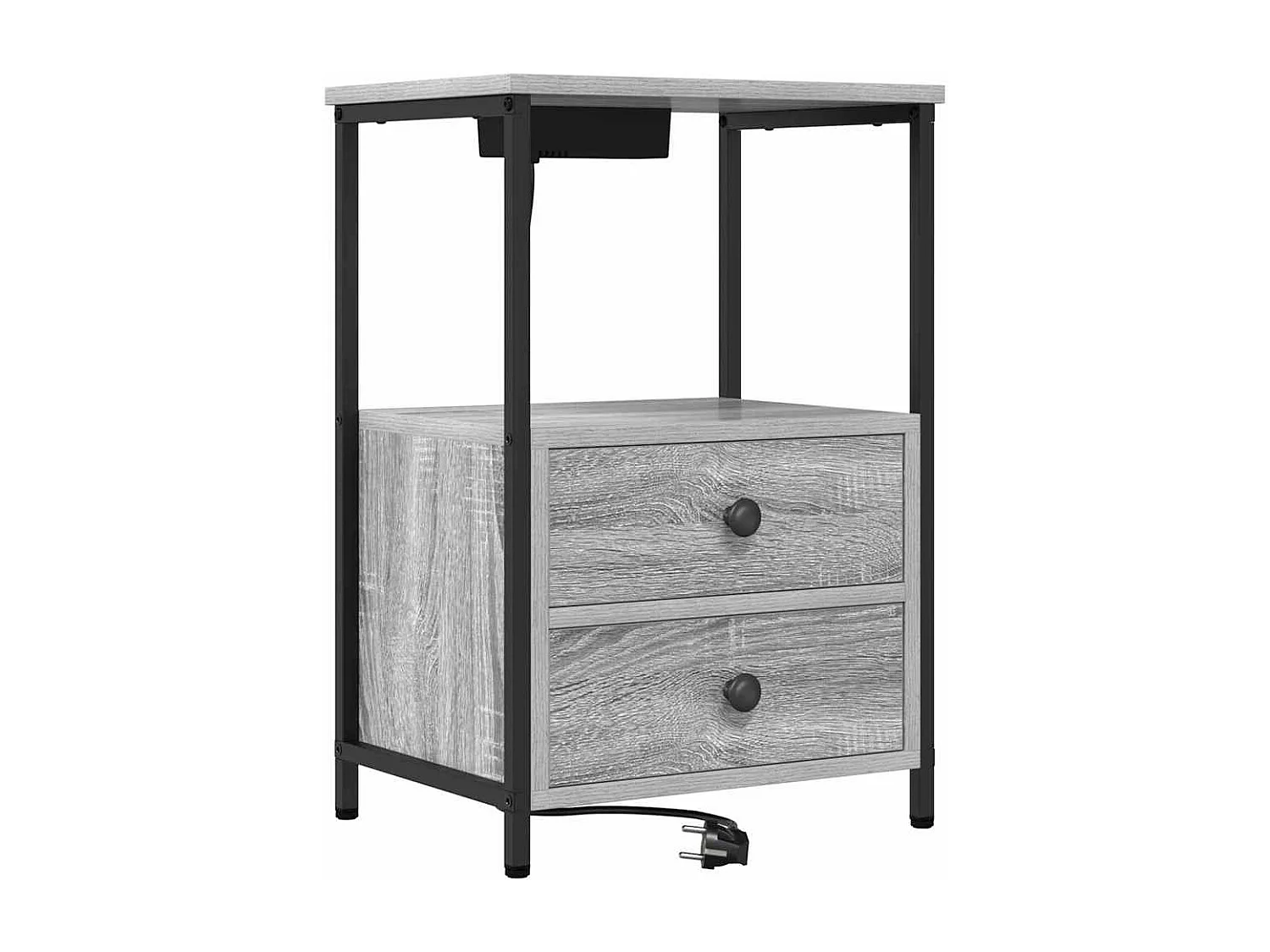 Mesita de Noche | Mesa auxiliar con Estación de Carga con cajón Gris sonoma