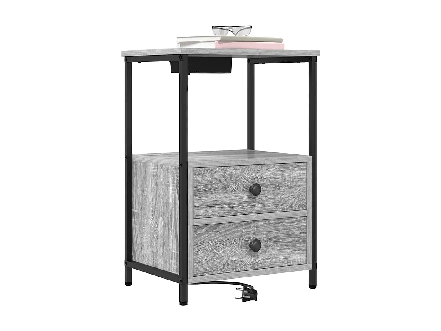 Mesita de Noche | Mesa auxiliar con Estación de Carga con cajón Gris sonoma