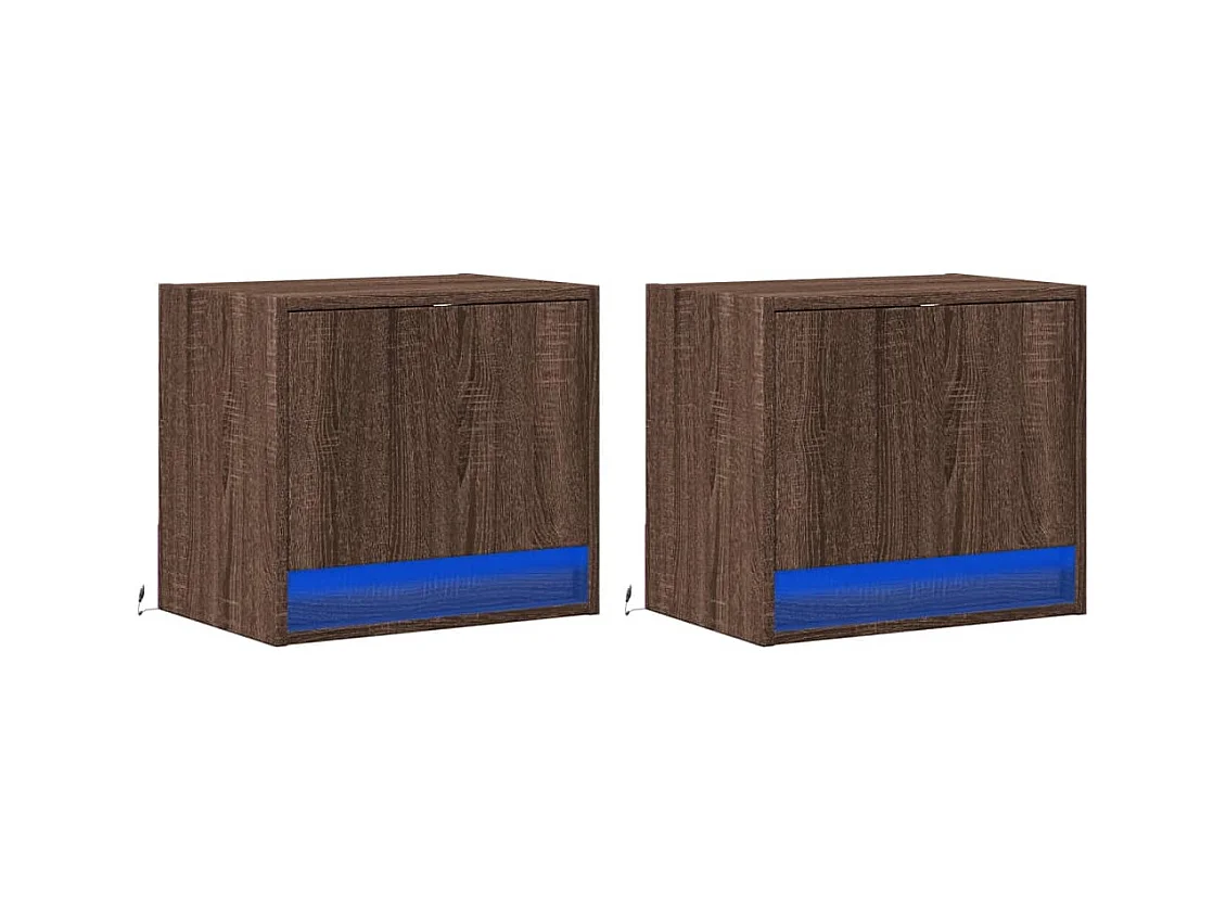 Mesitas de noche | Mesilla de noche de pared con luces LED 2 unidades roble marrón