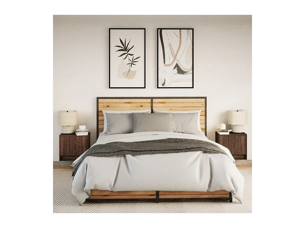 Mesitas de noche | Mesilla de noche de pared con luces LED 2 unidades roble marrón