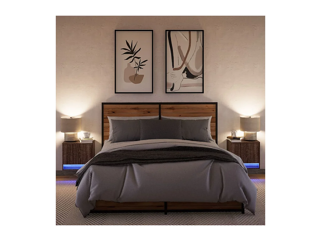 Mesitas de noche | Mesilla de noche de pared con luces LED 2 unidades roble marrón