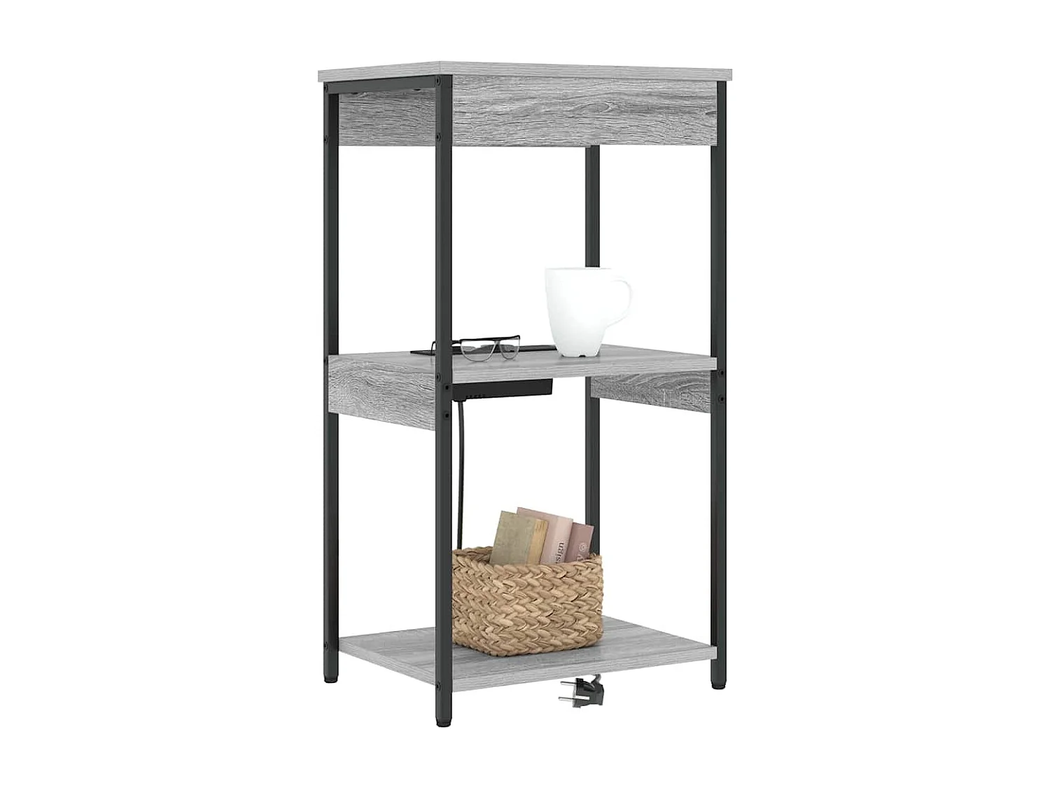 Mesita de Noche | Mesa auxiliar con Estación de Carga con estante Gris sonoma