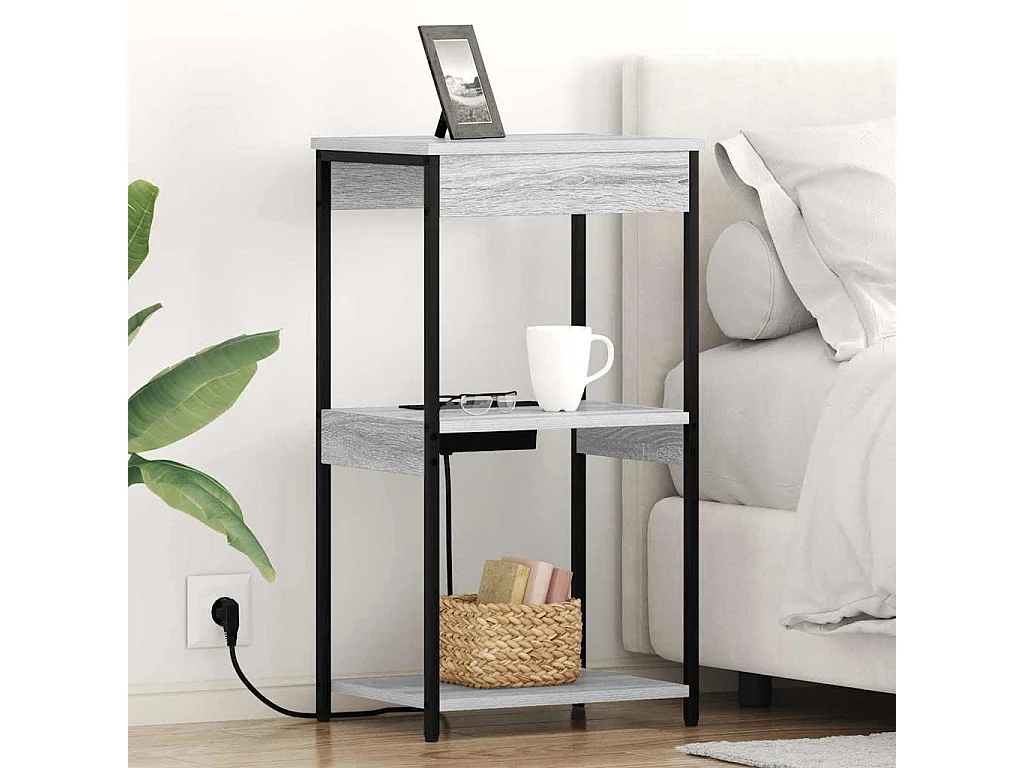 Mesita de Noche | Mesa auxiliar con Estación de Carga con estante Gris sonoma