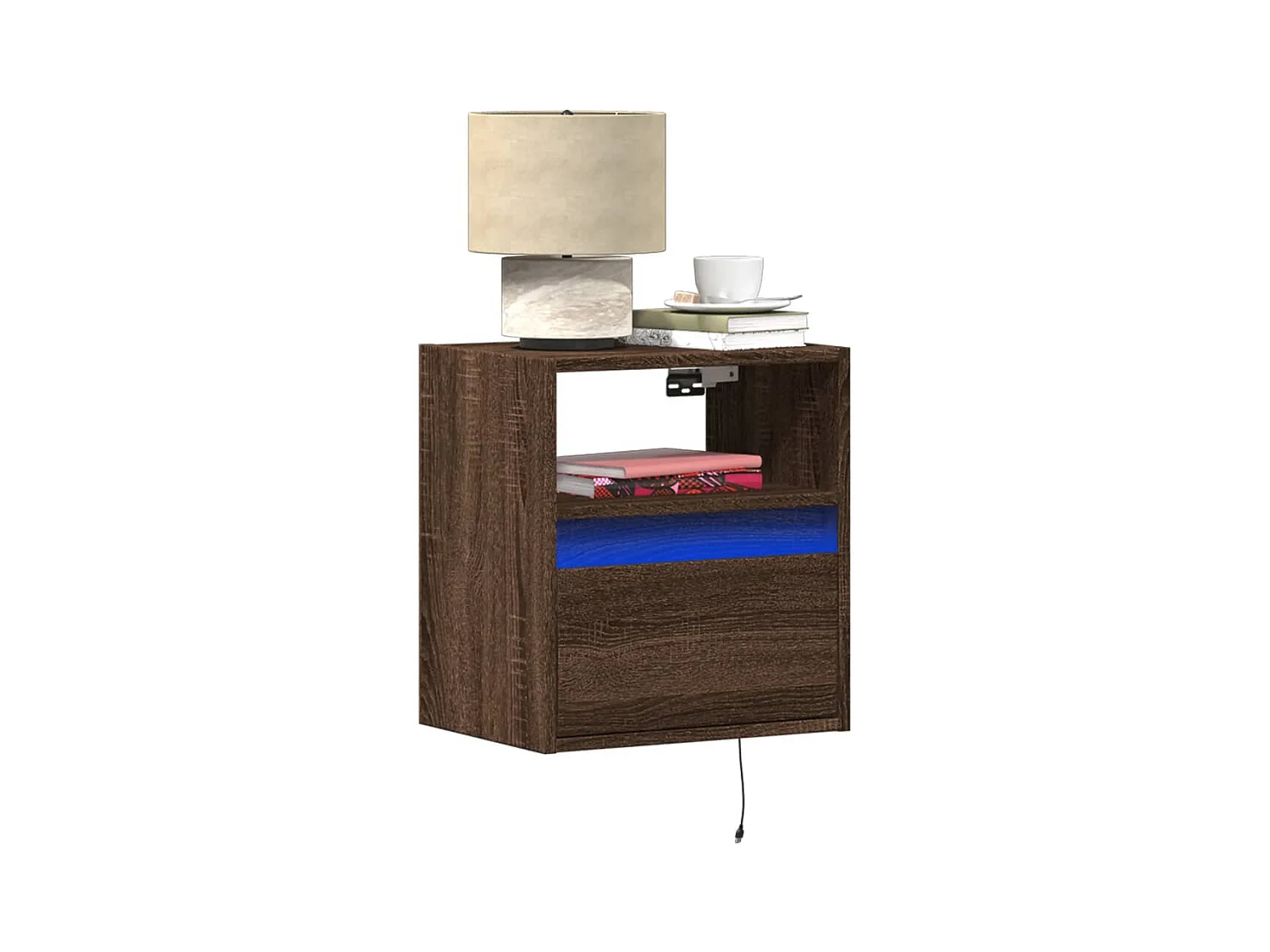 Mesita de noche | Mesilla de noche de pared con luces LED roble marrón