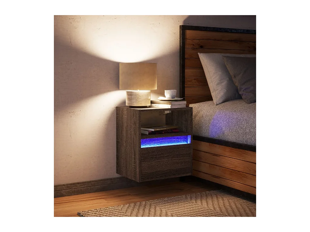 Mesita de noche | Mesilla de noche de pared con luces LED roble marrón