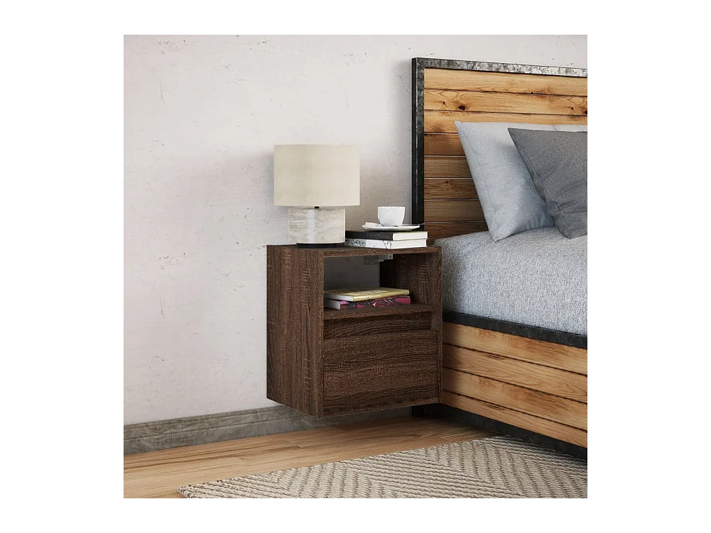 Mesita de noche | Mesilla de noche de pared con luces LED roble marrón