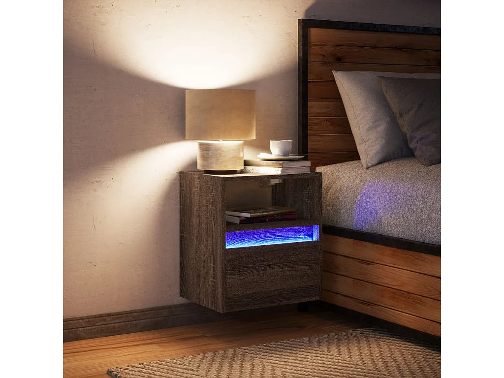 Nachttisch hängend | Wand-Nachttisch mit LED-Leuchten Braun Eichen-Optik SHL27491