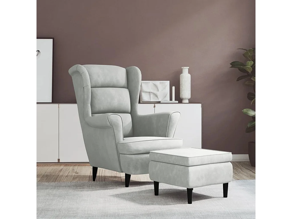 Fauteuil Salon-Chaise de relax-Fauteuil à oreilles avec tabouret gris clair velours SHL4275