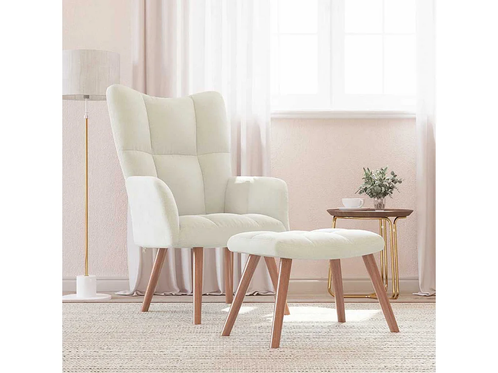 Relaxsessel mit Hocker | Lounge Sessel indoor Cremeweiß Samt SHL80082