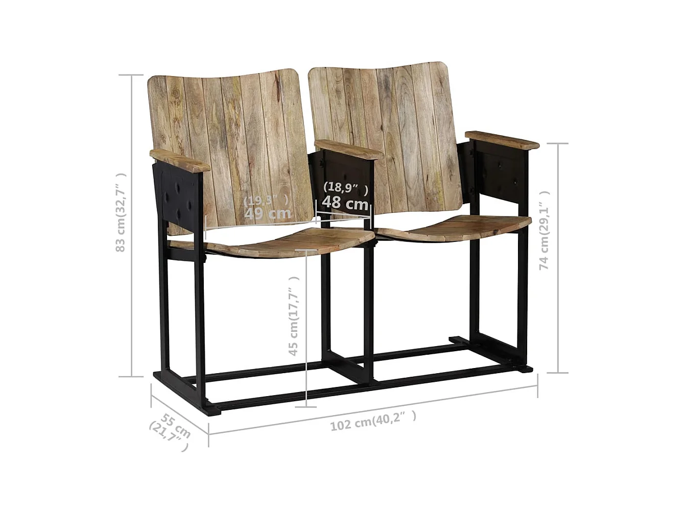 Banco de 2 plazas de madera maciza de mango y acero SHL7975