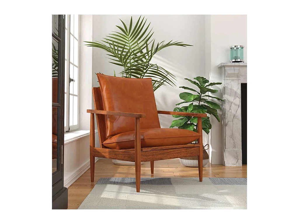 Fauteuil salon-Chaise d'appoint-Fauteuil Marron Cuir véritable avec bois d'acacia SHL4767